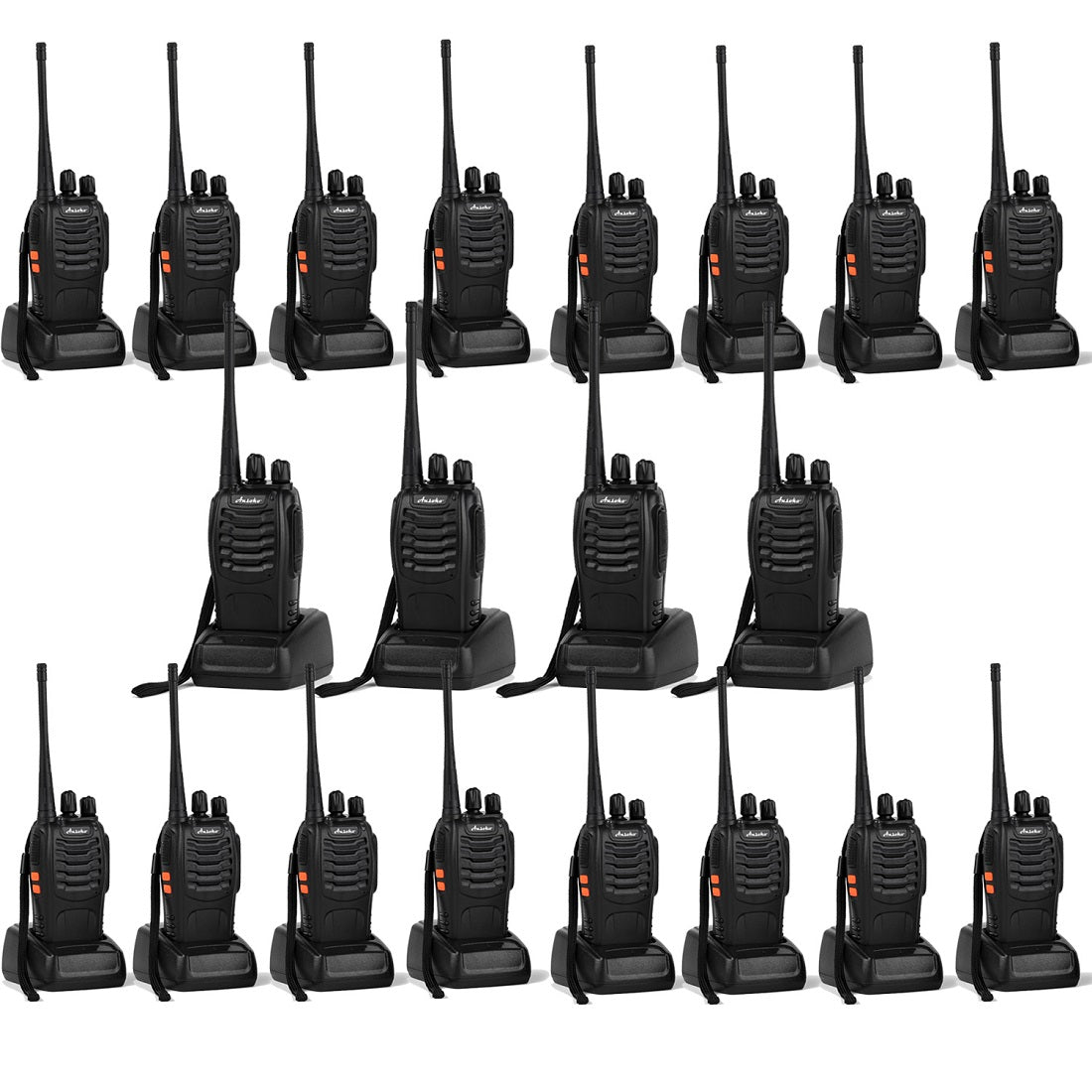 20 black color 2alkie talkies on charger bases