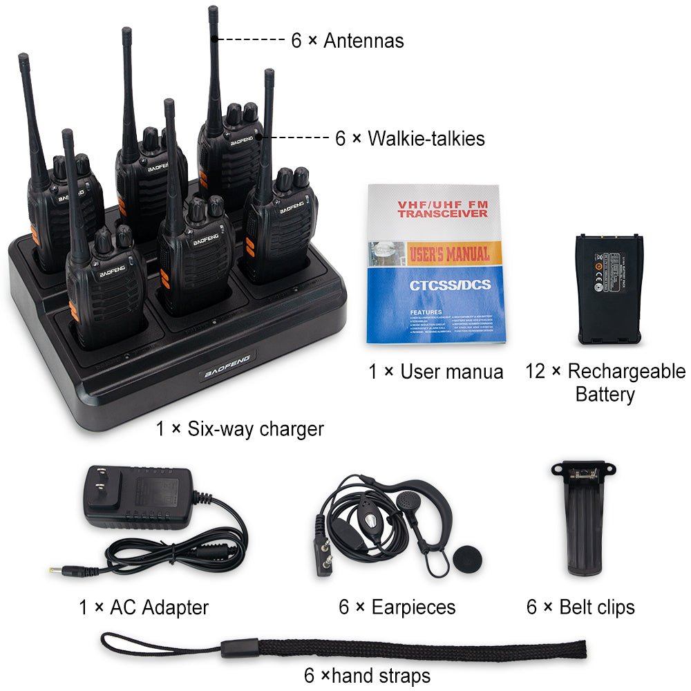 FRS Walkie Talkies 6 Pack with 6-bank Organizer Charger Base - Radiokie.com